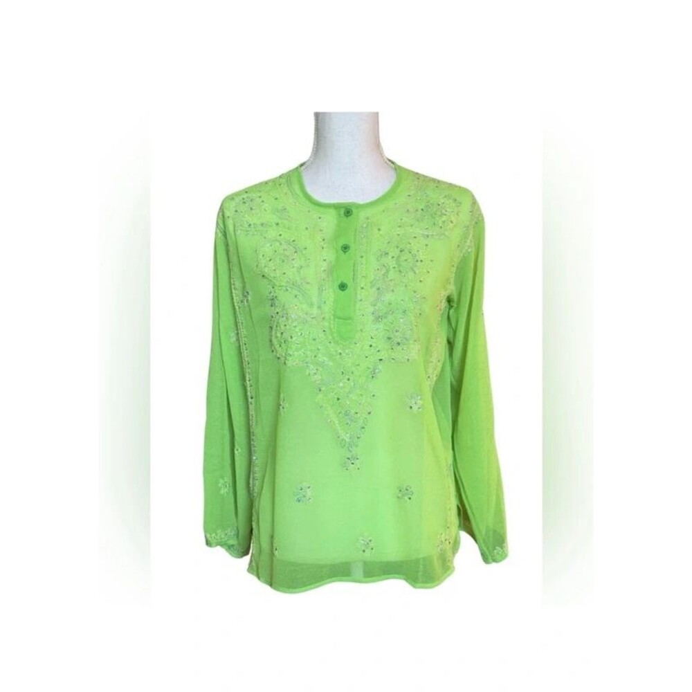Diva Ji Long Sleeve Embroidered Sequin Blouse. Green Medium